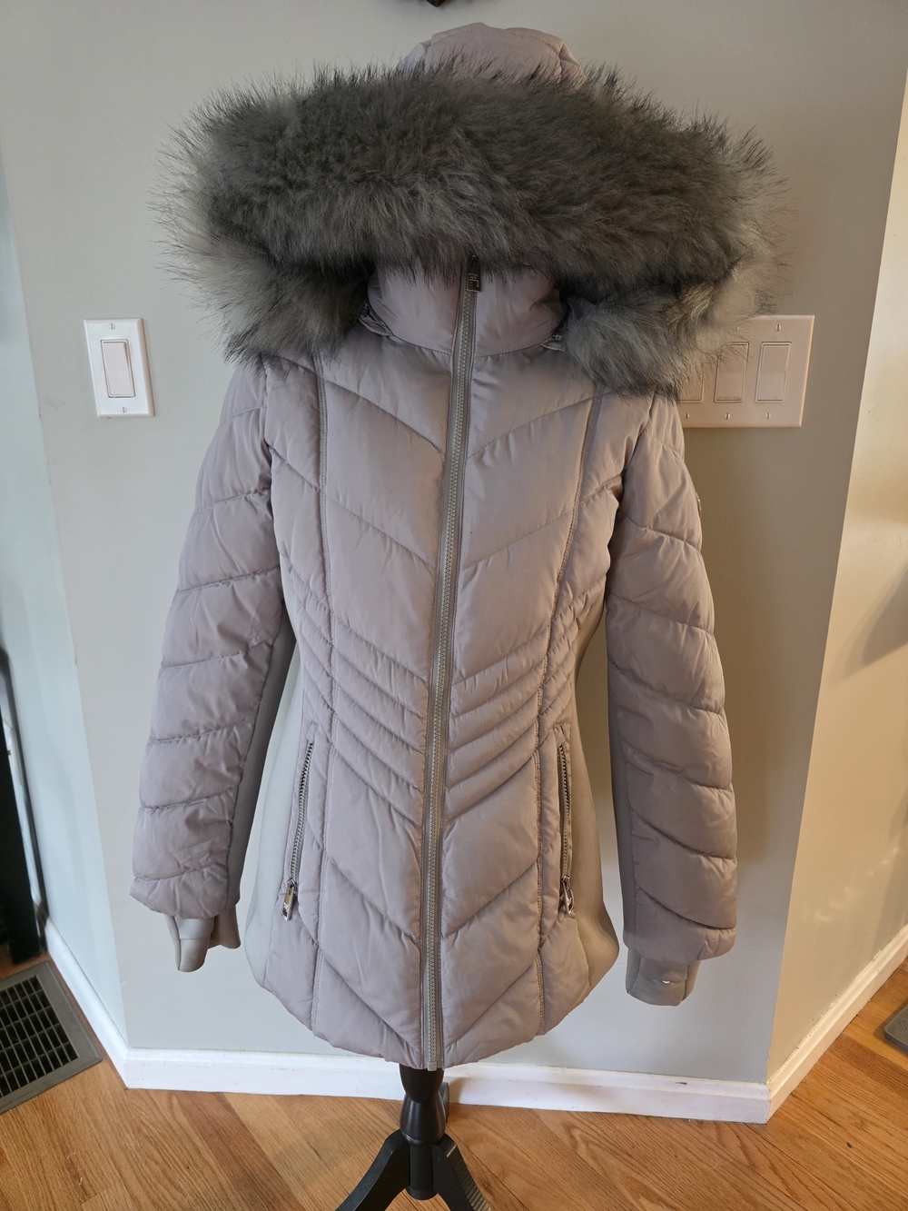 Michael Kors Light Taupe Quilted Puffer Coat with Faux Fur Trim